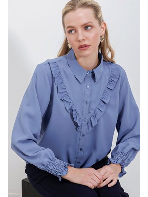 20223 Fırfırlı Uzun Kol Gömlek - Indigo