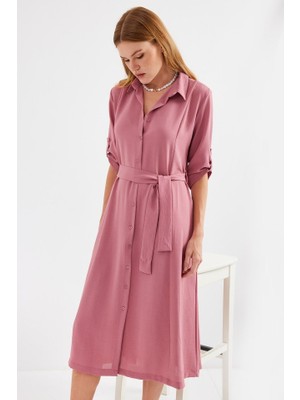 2442 Kuşaklı Gömlek Elbise - A.gül Kurusu