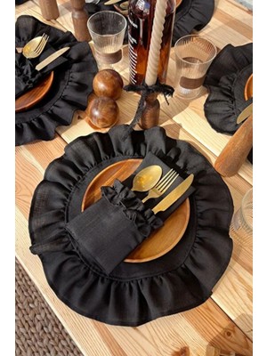 2li Siyah Keten Kumaş Yuvarlak Fırfır Detaylı Amerikan Servis / Supla