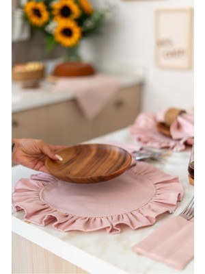2li %100 Dak Keten Yuvarlak Fırfır Detaylı Amerikan Servis/ Supla Pembe