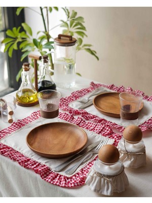 6lı Ham Keten Kareli Fırfır Detaylı Amerikan Servis/ Supla