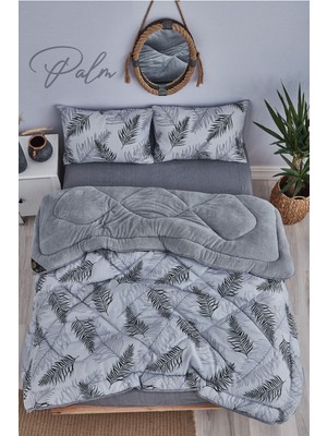 Palm Gri Desenli Çift Kişilik Welsoft Yorgan ve Battaniye Seti