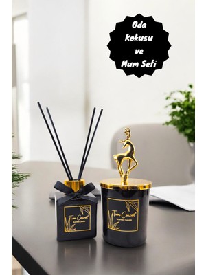 Yılbaşı Temalı Gold Geyik ve Siyah Bardak Mum Seti, 100 ml Oda Kokusu