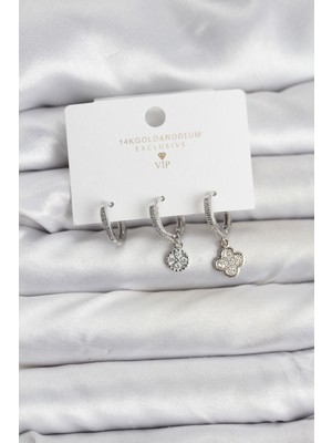 Maarketim Pirinç Gümüş Renk Yonca Model 3'lü Kadın Küpe Seti