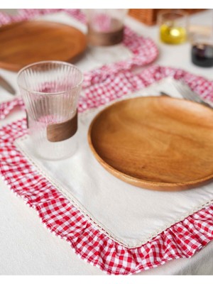 2li Ham Keten Kareli Fırfır Detaylı Amerikan Servis/ Supla