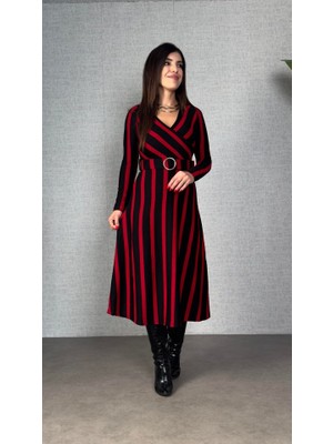 Etiler Collection Kadın Uzun Kollu Kruvaze Yaka Kemer Dahil Çizgili Triko Elbise