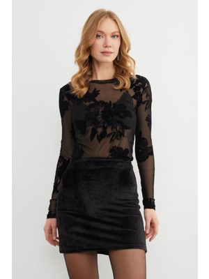 FullaModa Çiçek Desenli Transparan Bluz