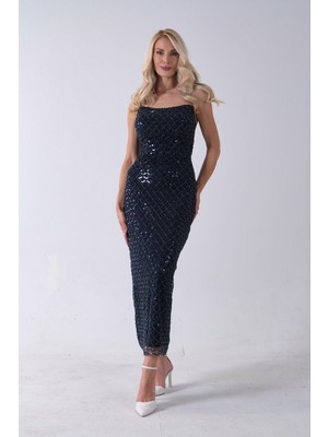 Feminist Lacivert Midi Boy Straplez Pul Payet Abiye 0801134.02