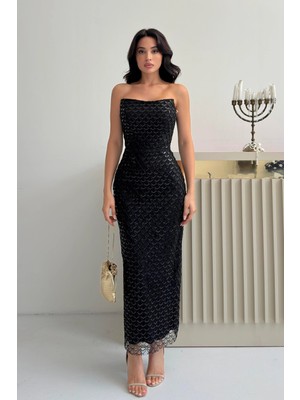 Feminist Siyah Midi Boy Straplez Pul Payet Abiye 0801134.01