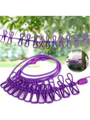 AyrStore Taşınabilir Seyahat Çamaşır Ipi 12 Mandallı Klipsli Lastikli Çamaşır Mandalları