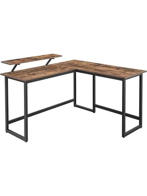 AyrStore Masası, Mönitör Yükselticili, L Şekilli Ofis Masası, Oyun Masası, Metal, Vintage