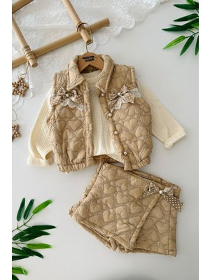 Miniğimin Cicileri Minigimin Cicileri Kalp Kapitone Detaylı Fiyonklu 3 lü takım - Kum Beji