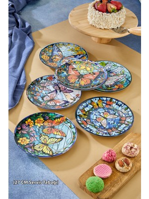 Grandora Lüks Kelebek Desenli Servis Tabağı 27 cm Seramik 6'lı Set Modern Sunum Tabakları