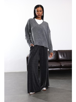 5in1Canpolat Siyah Simli Likralı Bol Paça Pantolon 8011