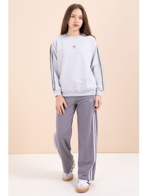 Cansın Mini Gri Şerit Detaylı Geniş Paça Nakışlı Kız Oversize Eşofman Takımı 23453