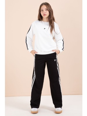 Cansın Mini Siyah Şerit Detaylı Geniş Paça Nakışlı Kız Oversize Eşofman Takımı 23452