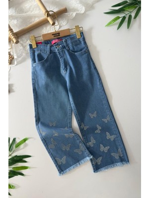 Miniğimin Cicileri Kelebek Taş Işleme Detaylı Kız Çocuk Yumuşak kot pantolon - Koyu Mavi