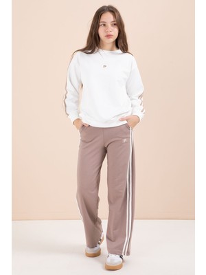 Cansın Mini Kahverengi Şerit Detaylı Geniş Paça Nakışlı Kız Oversize Eşofman Takımı 23455