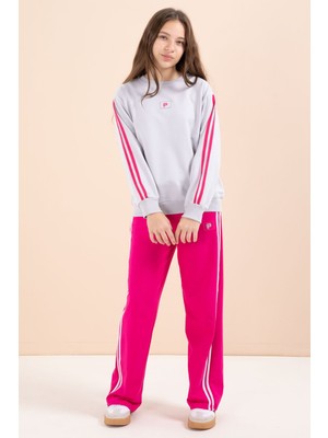 Cansın Mini Fuşya Şerit Detaylı Geniş Paça Nakışlı Kız Oversize Eşofman Takımı 23457