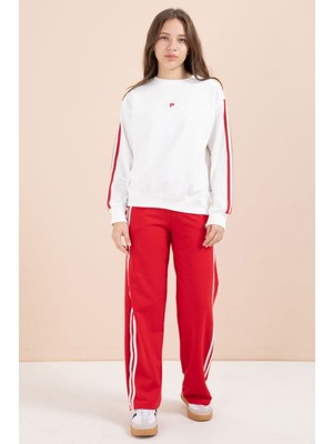 Cansın Mini Kırmızı Şerit Detaylı Geniş Paça Nakışlı Kız Oversize Eşofman Takımı 23454