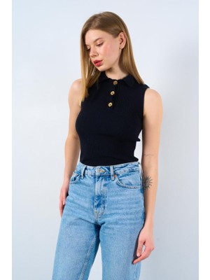 Bosel Patlı Düğmeli Triko Atlet - Siyah