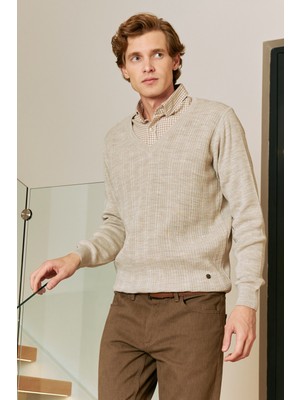 Erkek V Yaka Triko Kazak Çelik Örgü Desenli Klasik Kalıp - 5209D