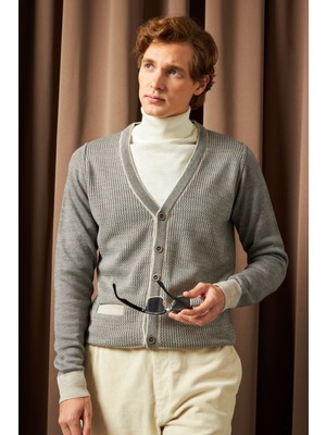 Erkek Düğmeli Hırka Cepli Desenli Çelik Örgü Klasik Kalıp - 5208M