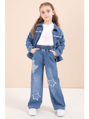 Cansın Mini Lacivert Yıldız Nakışlı Ceketli  Kız Çocuk 3lü Jean Takım 23443