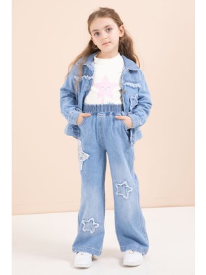 Cansın Mini Mavi Yıldız Nakışlı Ceketli  Kız Çocuk 3lü Jean Takım 23442