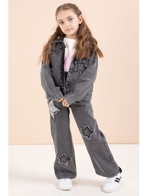 Cansın Mini Siyah Yıldız Nakışlı Ceketli  Kız Çocuk 3lü Jean Takım 23444