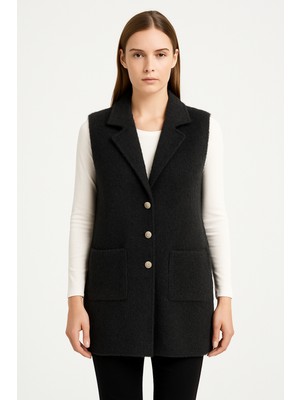 Mutlu City Kadın Sakal Iplik Uzun Triko Yelek Tüylü Cepli ve Düğmeli 25023