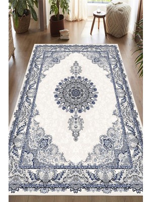 Pelura Halı Klasik Çerçeve Desenli Dekoratif Lacivert Kaymaz Taban Yıkanabilir Halı