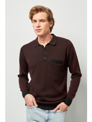 Erkek Polo Yaka Kazak Cepli Desenli Çelik Örgü Klasik Kalıp - 5208F