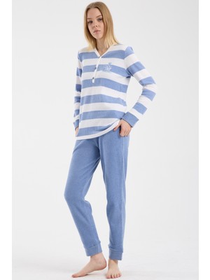 Sementa Çizgi Kombinli Detaylı Pijama Takım - Mavi