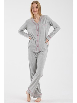 Sementa Biye Detaylı  Düğmeli  Pijama Takım - Gri