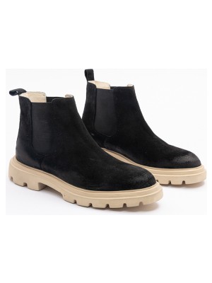 930 Erkek Kalın Tabanlı Tümyüz Lastikli Bot Siyah Nubuk Deri Bej Tbn