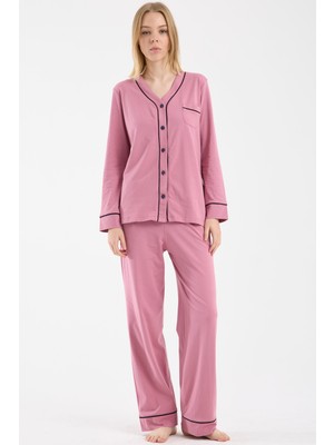 Sementa Biye Detaylı  Düğmeli  Pijama Takım - Gül Kurusu
