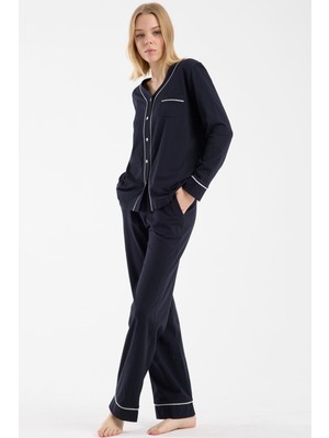 Sementa Biye Detaylı  Düğmeli  Pijama Takım - Lacivert