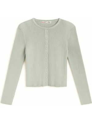 Mixray 6931 Kadın Düğmeli Fitilli Triko Hırka Çağla