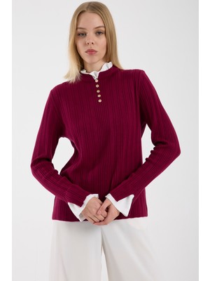 Sementa Parça Detaylı Fitilli Triko Kazak - Bordo