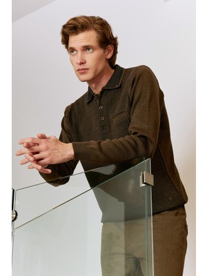 Erkek Polo Yaka Kazak Cepli Desenli Çelik Örgü Klasik Kalıp - 5205F