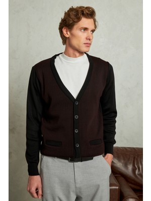 Erkek Düğmeli Hırka Cepli Desenli Çelik Örgü Klasik Kalıp - 5205M