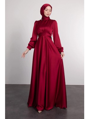 Tesettür Diyarı Yakadan Çaprazlı Bele Bağlamalı Tesettür Abiye- Bordo