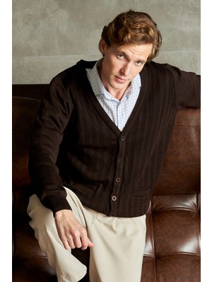 Erkek Düğmeli Hırka Cepli Desenli Çelik Örgü Klasik Kalıp - 5203M