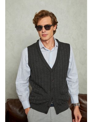 Erkek Düğmeli Yelek Cepli Desenli Çelik Örgü Klasik Kalıp - 5203L