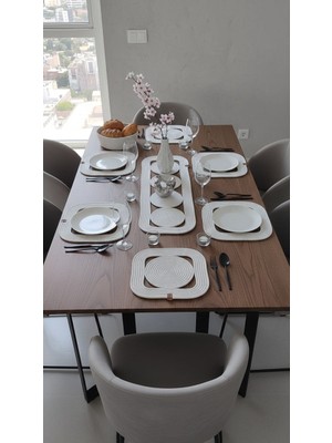 Mtg Jüt Tasarım El Emeği Doğal Jüt Kordon Halattan Kırık Beyaz Renk Kare Model Amerikan Servis Takımı / 6 Adet Supla / 1 Adet Runner / 1 Adet Ekmek Sepeti