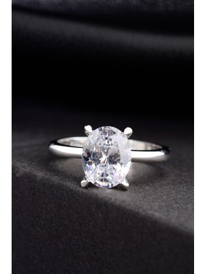 INNUENDO JEWELRY Innuendo 925 Ayar Gümüş Üzeri Altın Kaplama 4 Karat Oval Tektaş Yüzük 10x8 mm Zirkon Taşlı Kadın Yüzük