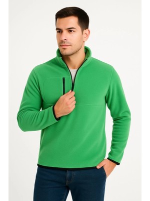 Etiler Collection Erkek Polar Kazak – Dik Yaka, Yarım Fermuarlı, Fermuarlı Göğüs Cepli, Siyah Biyeli, Kışlık Rahat Regular Fit Günlük Model - Yeşil