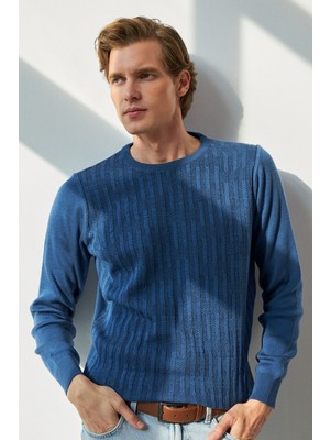 Erkek Sıfır Yaka Kazak Desenli Çelik Örgü Klasik Kalıp - 5202C