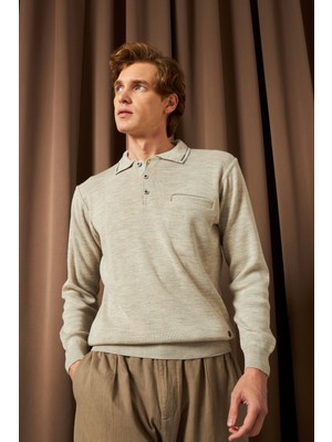 Erkek Polo Yaka Kazak Triko Cepli Çelik Örgü Klasik Kalıp - 5200F